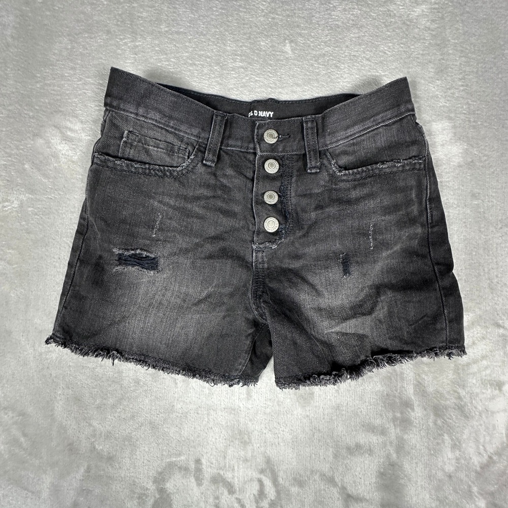 Old Navy Girls Distressed Black Denim Shorts Button Fly Size 14 Cut Off Hem